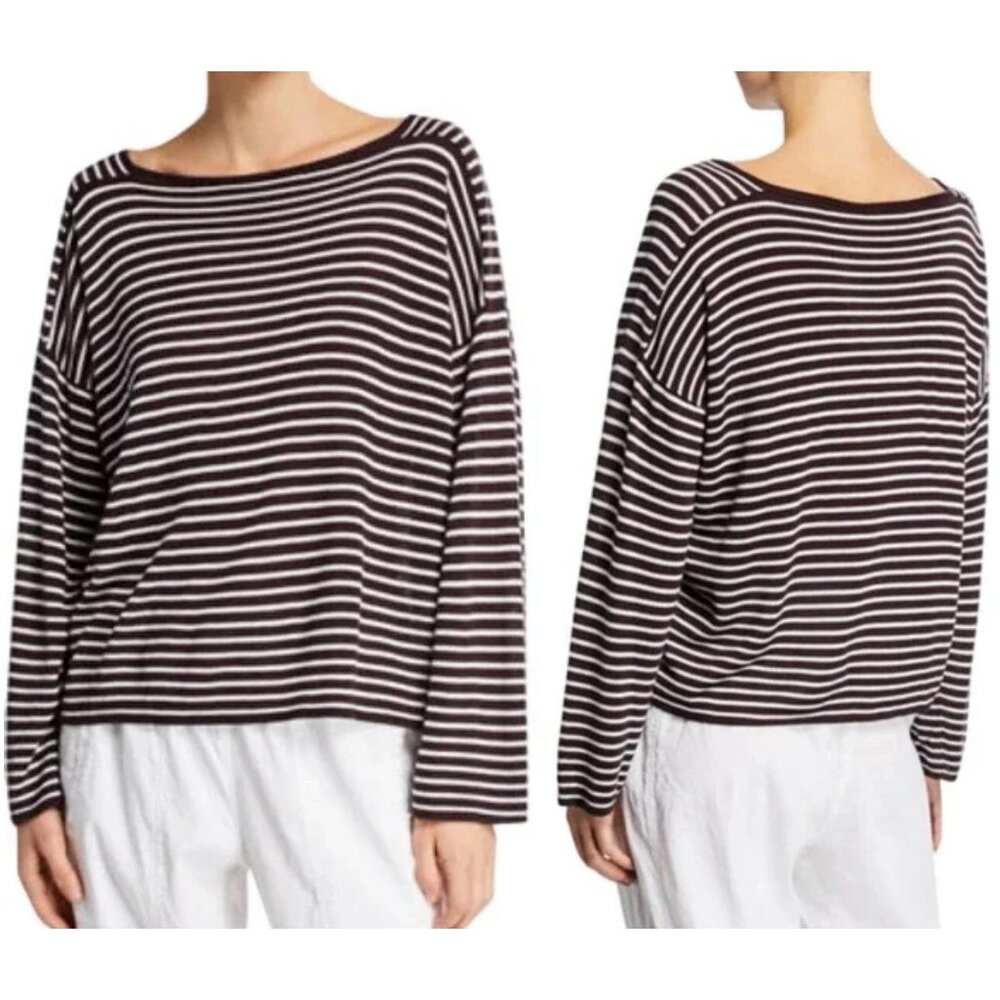 Eileen Fisher sweater XL striped brown white tencel long sleeves boatneck bateau
